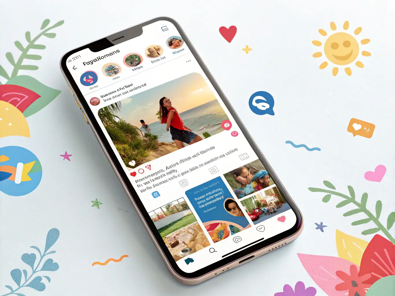 An image depicting a visually appealing social media feed with engaging content, showcasing a variety of posts, stories, and ads designed to capture attention and drive user interaction.
