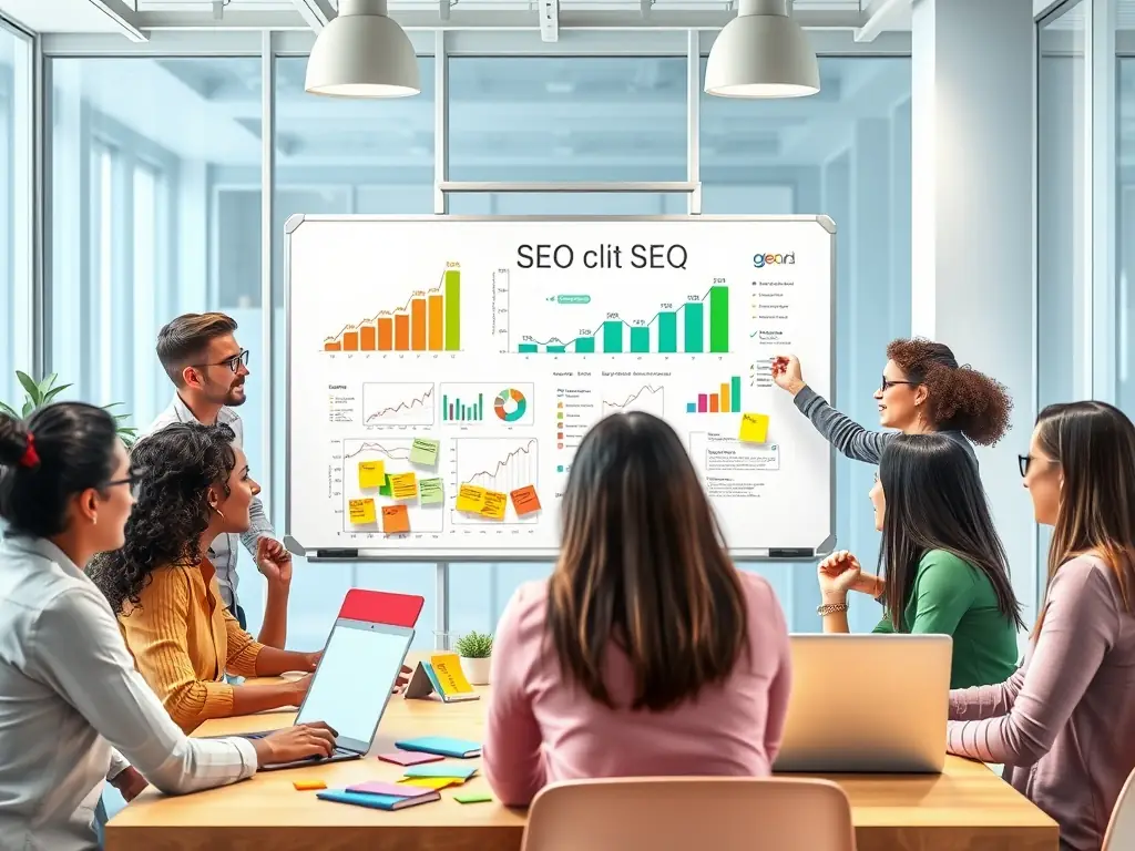 A team of SEO specialists is collaborating on a content strategy, brainstorming ideas and optimizing articles for search engines, in a bright and collaborative workspace.