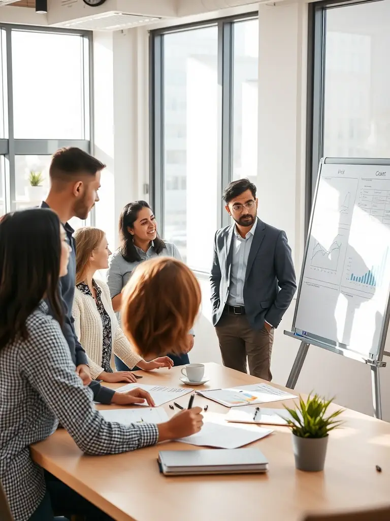 A professional photo of a team brainstorming SEO strategies around a whiteboard filled with data charts and keywords, emphasizing collaboration and data-driven approach.