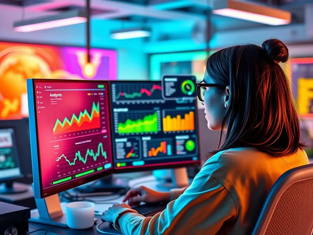 A focused digital marketing specialist analyzing keyword performance data on a computer screen, showcasing the analytical approach to SEM strategy development.