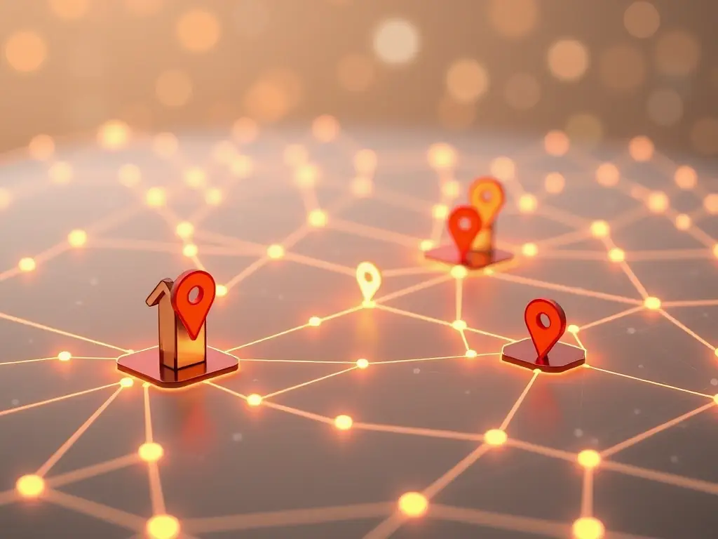 A visually appealing graphic showcasing a network of interconnected franchise locations, each with a strong online presence and positive customer reviews, illustrating the power of unified brand messaging.