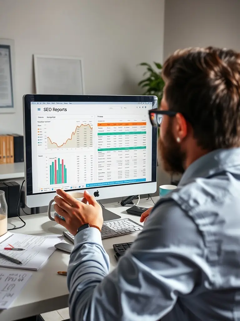 A professional image depicting keyword research being conducted on a laptop, surrounded by SEO tools and data visualizations, emphasizing the importance of data-driven SEO strategies for Omegacube Agency.
