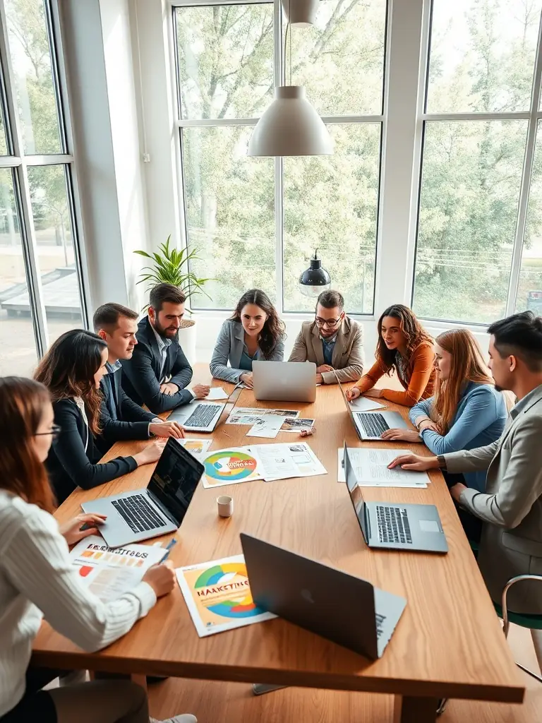 A professional photograph of a team brainstorming and collaborating on branding strategies in a modern office environment.