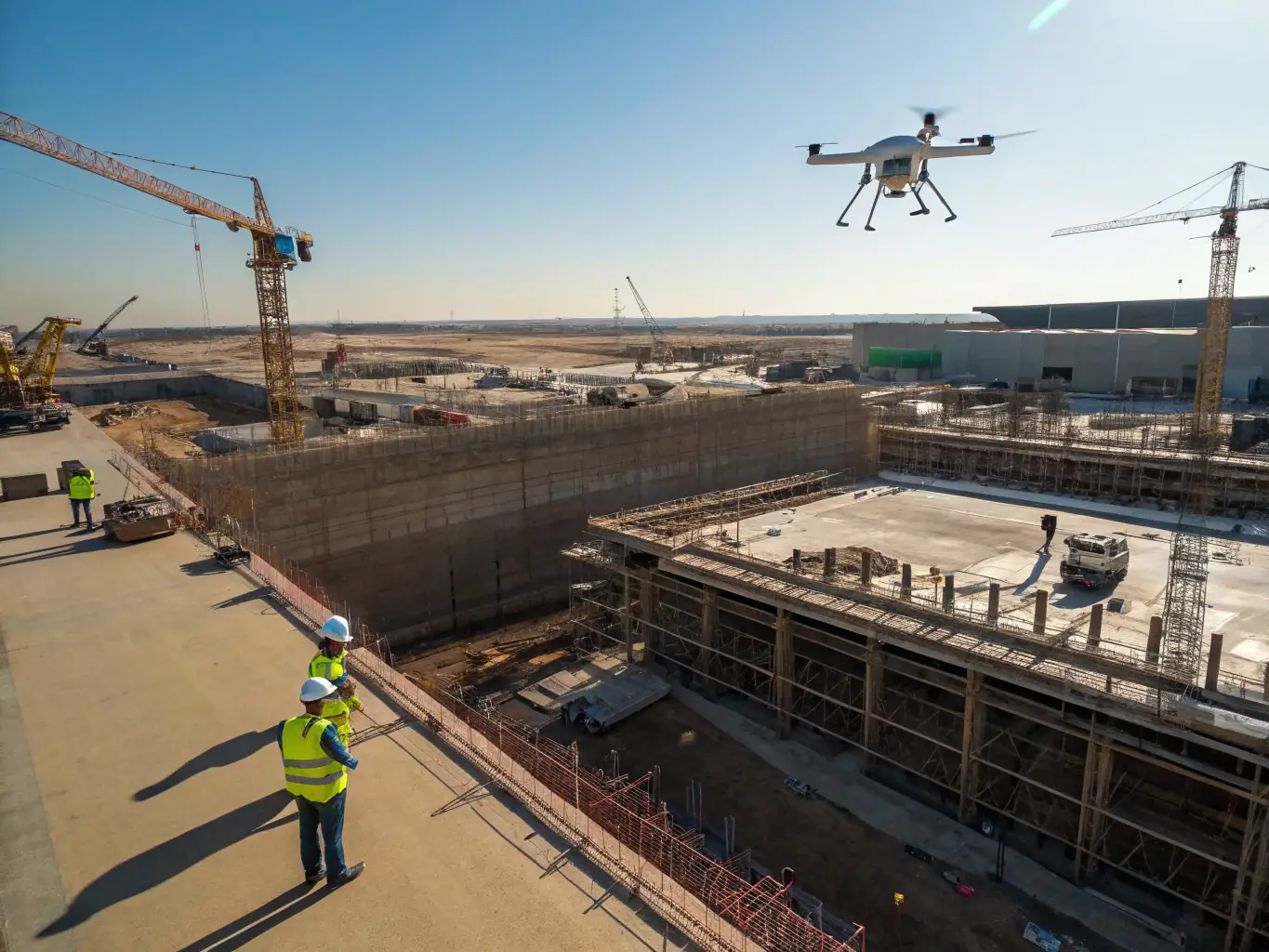 A drone capturing footage of a construction site, focusing on the progress of a building's framework with workers visible below, illustrating the use of drones in construction monitoring.