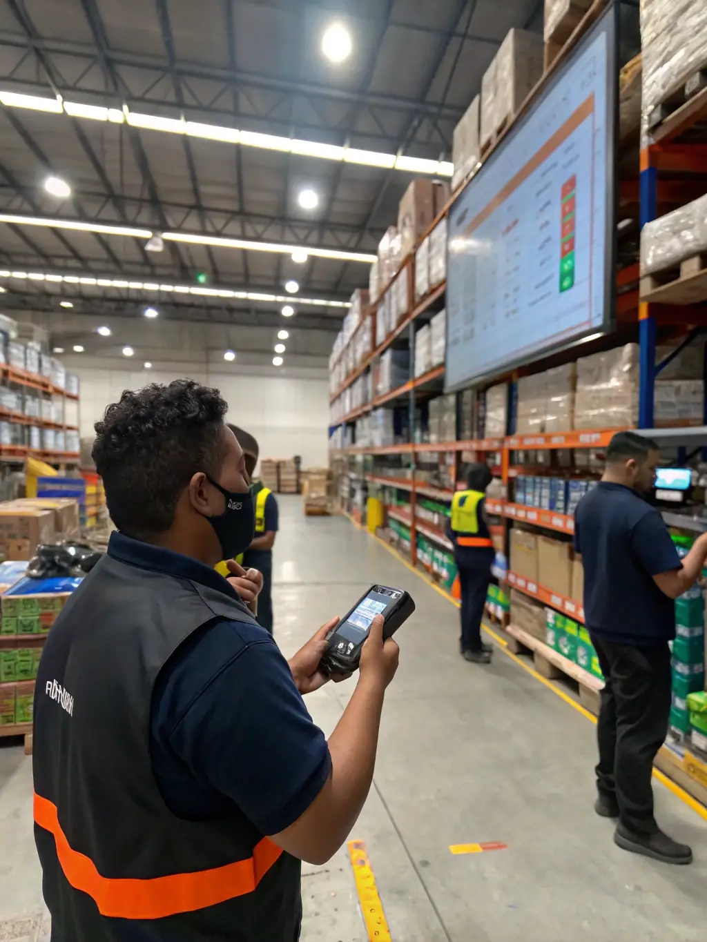 A well-organized warehouse scene with shelves neatly stocked with products, showcasing efficient inventory management. Workers are using technology to track and manage stock levels.