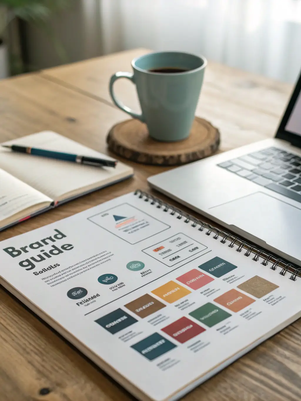 A brand style guide with consistent fonts, colors, and messaging, showcasing how GEO ensures brand consistency across all AI-generated content, maintaining a unified brand identity.