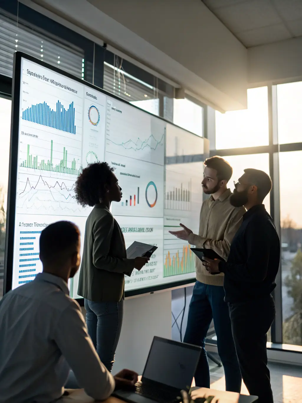 A modern image of software developers monitoring user behavior and software performance metrics, using Omegacube's data analytics tools.