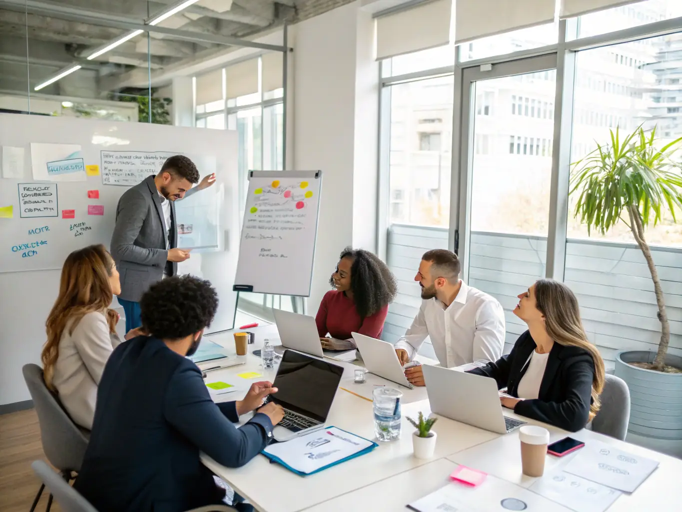 A professional photograph of a team brainstorming and strategizing in a modern office setting, representing Omegacube's collaborative approach to digital marketing solutions.