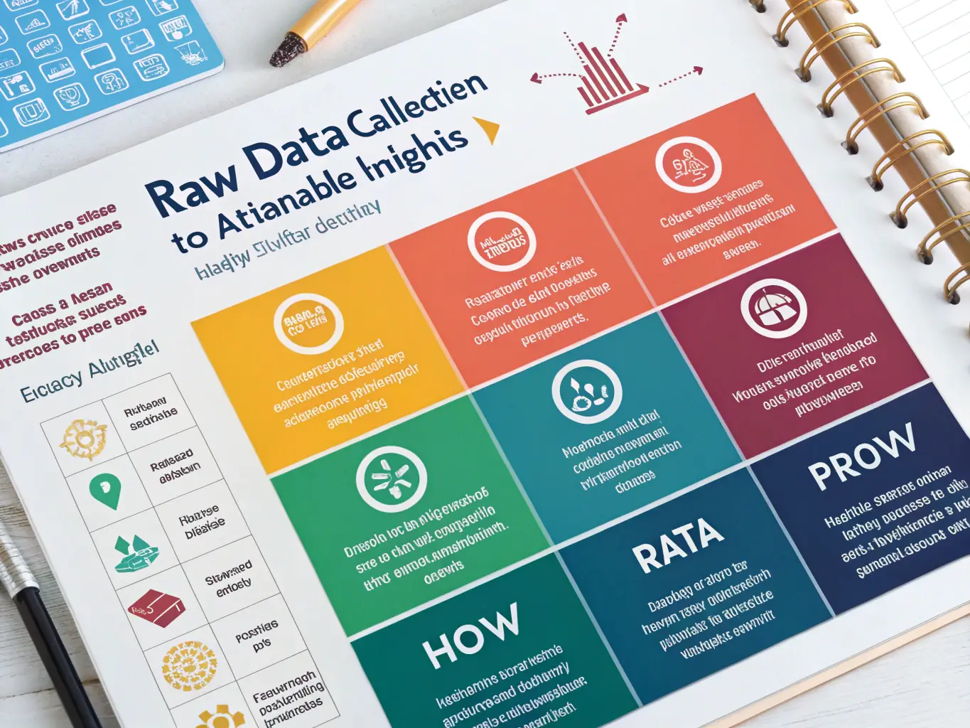A visually appealing infographic illustrating the transformation of raw data into actionable insights, with icons representing data collection, processing, analysis, and strategic decision-making. The infographic is clean, modern, and easy to understand.