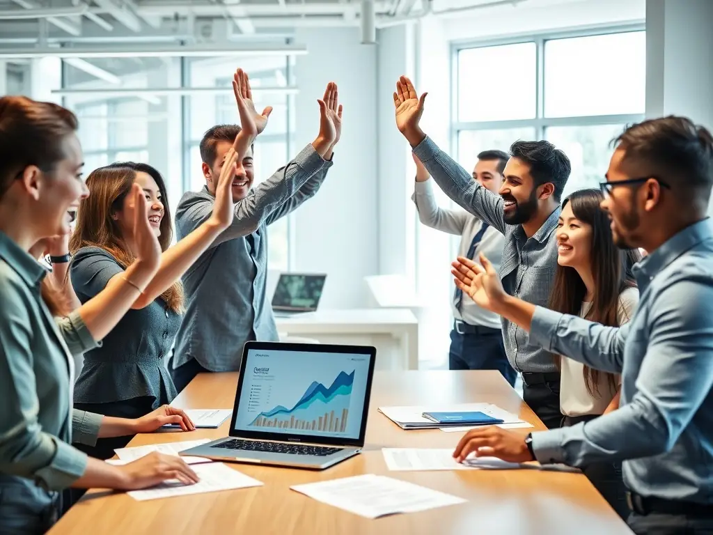 A vibrant image of a diverse group of people celebrating a successful digital marketing campaign, with charts showing upward trends and positive growth metrics.
