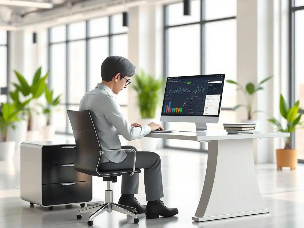 A web developer is working on technical SEO improvements, optimizing website speed, mobile-friendliness, and site architecture, in a tech-focused office setting.