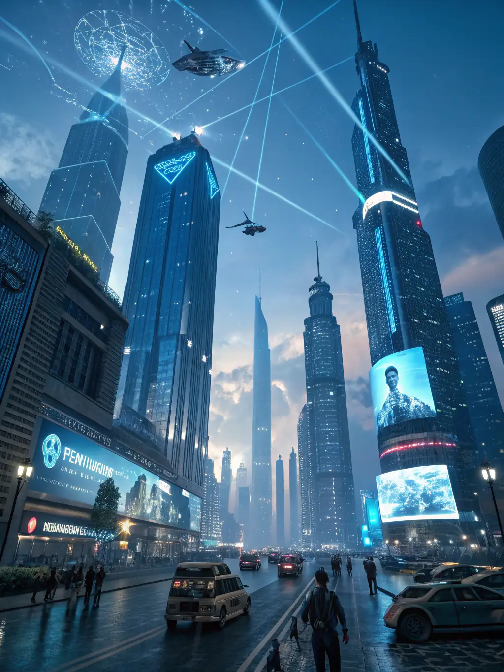 A futuristic cityscape with interconnected data streams flowing between buildings, symbolizing the seamless integration of data across various business functions.