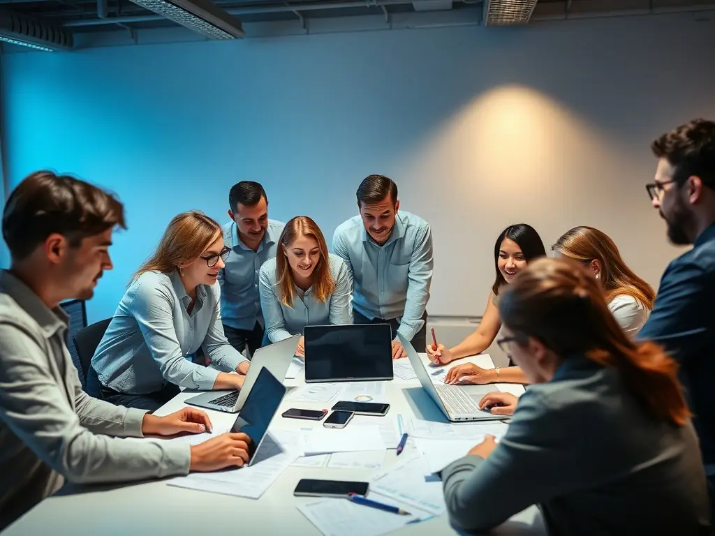 A high-angle shot of a diverse group of people collaborating around a table, reviewing SEO analytics on a laptop screen, with sticky notes and coffee cups scattered around, symbolizing Omegacube's collaborative approach to franchise SEO.