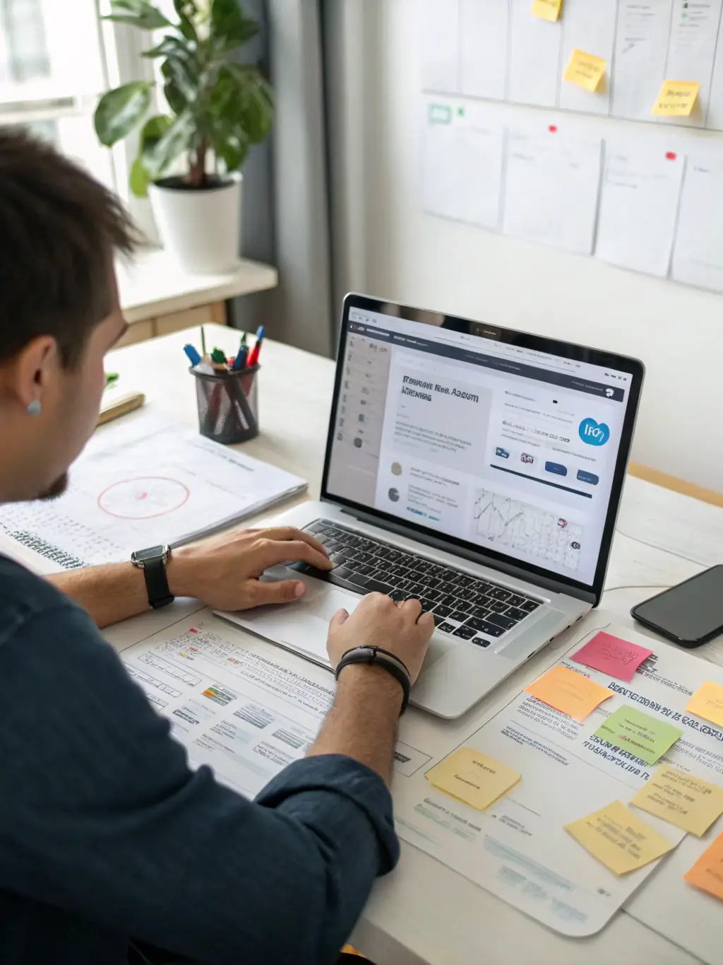 A CMS developer working on a WordPress site, highlighting Omegacube's CMS development capabilities.