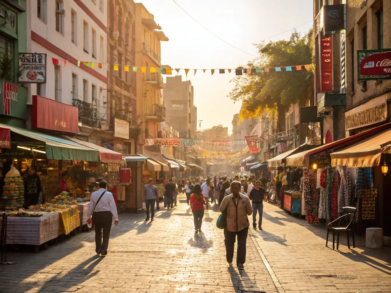A vibrant cityscape at dusk, with a focus on local businesses and storefronts, symbolizing the power of local SEO to drive customers to physical locations.