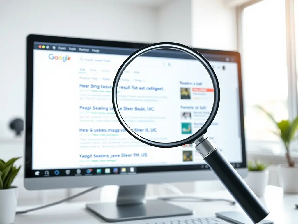 An image showing a magnifying glass over a keyboard, with search results visible on the screen, representing keyword research and analysis.