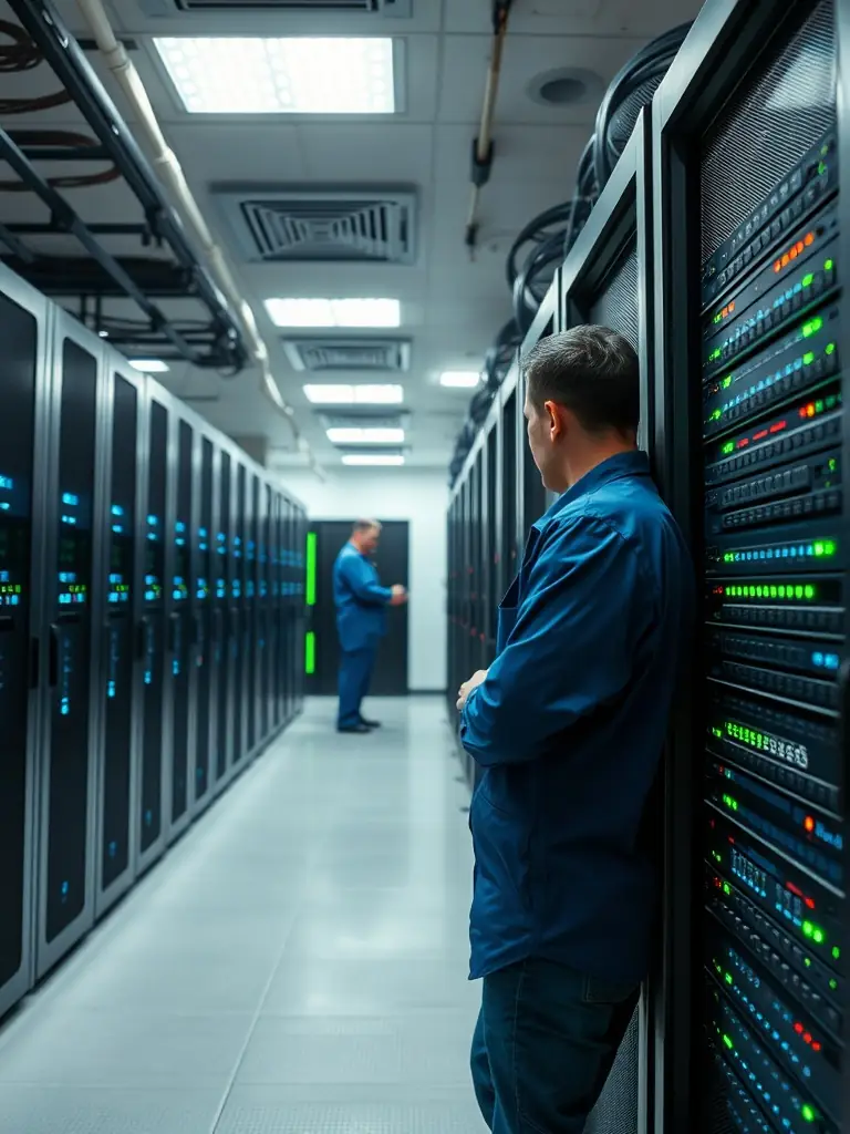 A server room with blinking lights, symbolizing ongoing website maintenance and technical support.