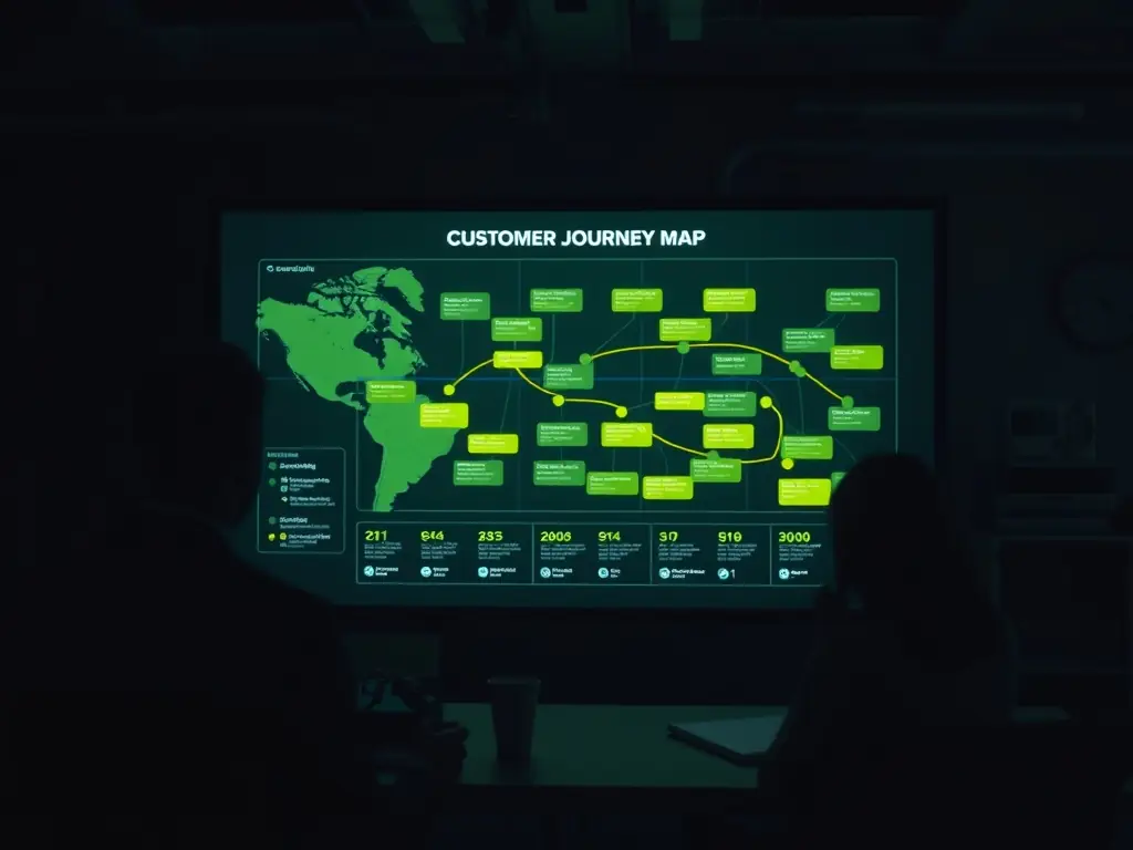 A close-up shot of a customer journey map, highlighting key touchpoints and interactions. The map is annotated with data points indicating customer satisfaction and areas for improvement. The background is a blurred image of a team brainstorming session.