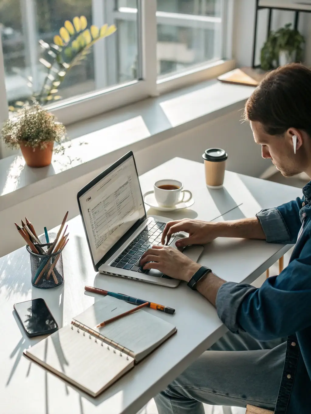 A content creator developing positive articles and blog posts, illustrating the strategy to build a strong and favorable online presence for the brand.