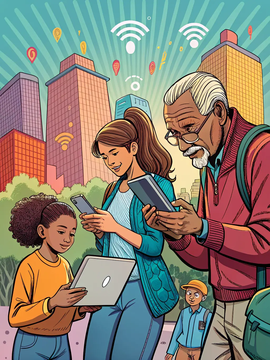 A diverse group of people representing a target audience, engaged with various forms of content on different devices, illustrating Omegacube's audience research capabilities.