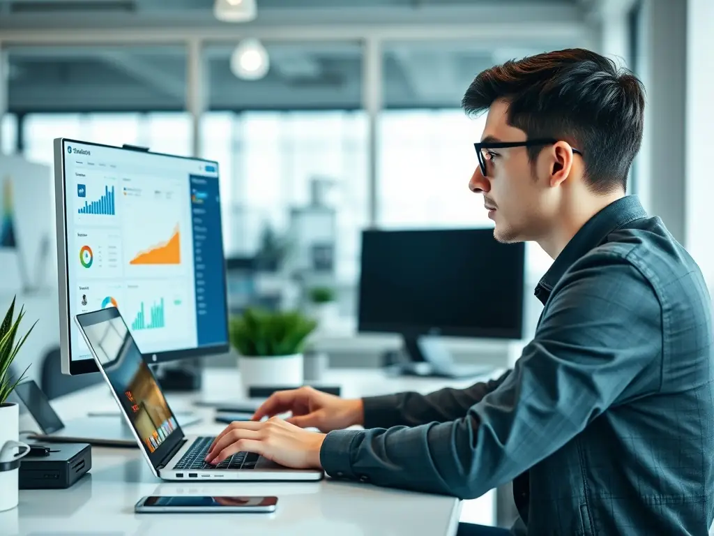 A focused digital marketing specialist is meticulously analyzing Facebook Ads campaign data on a computer screen, with charts and graphs illustrating audience engagement and conversion rates.