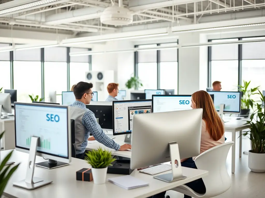 A professional workspace with a team of SEO specialists collaborating on a project, analyzing data and optimizing website content for better search engine rankings.