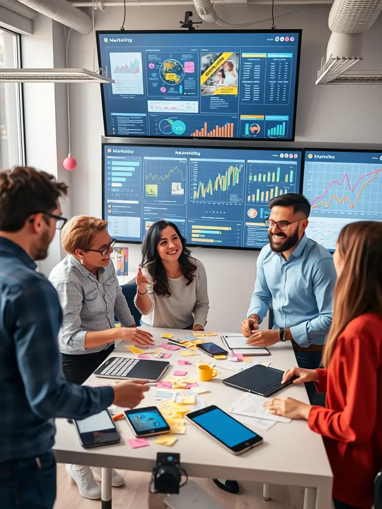 A collaborative workspace with team members discussing and refining a digital marketing plan on a whiteboard, showcasing the collaborative nature of Omegacube's strategy development.