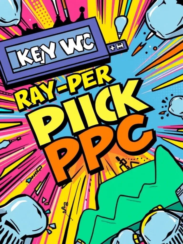 A dynamic graphic illustrating the process of PPC advertising, showing keywords, ad placements, and conversion tracking, representing Omegacube's effective PPC management.