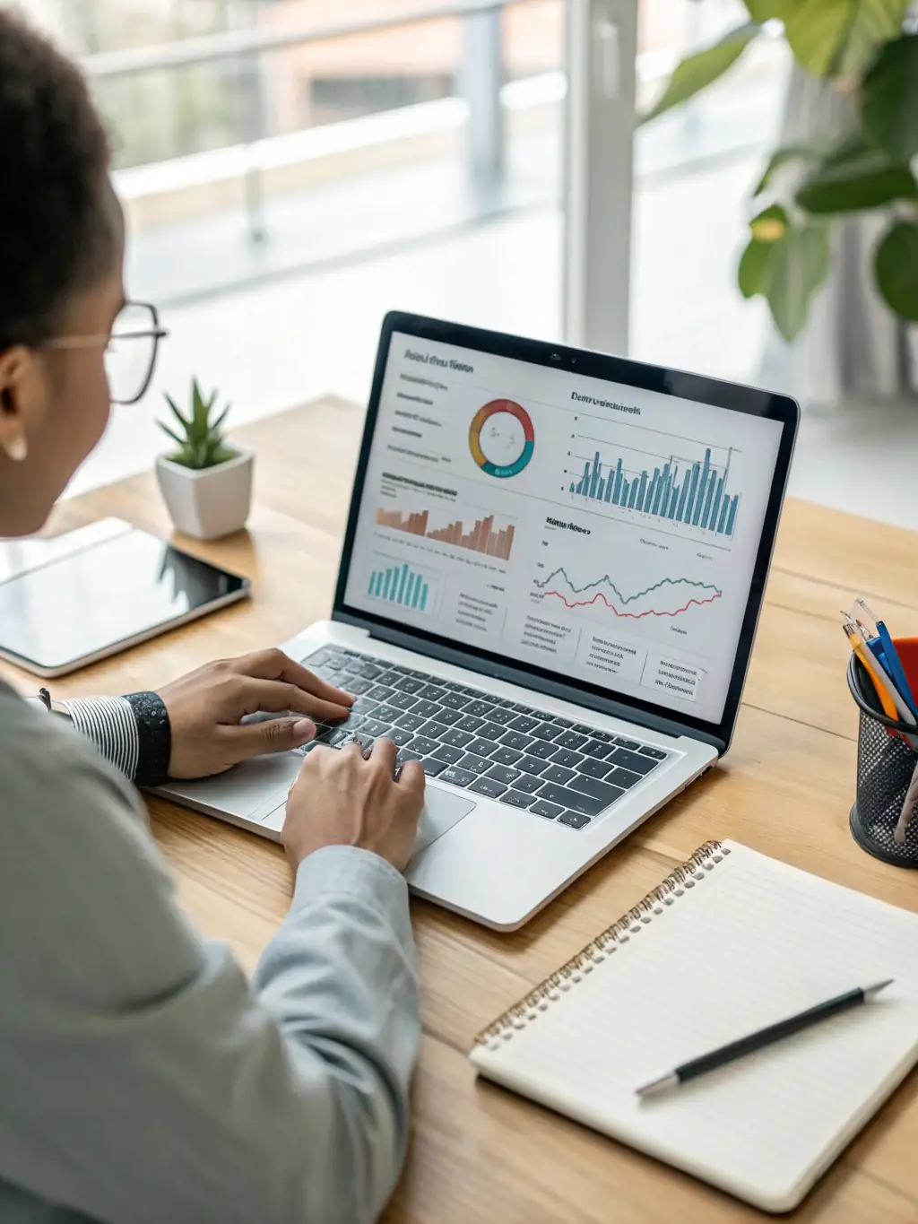 A focused image of a digital marketing expert analyzing Google Ads campaign data on a computer screen, showcasing charts and graphs indicating performance metrics.