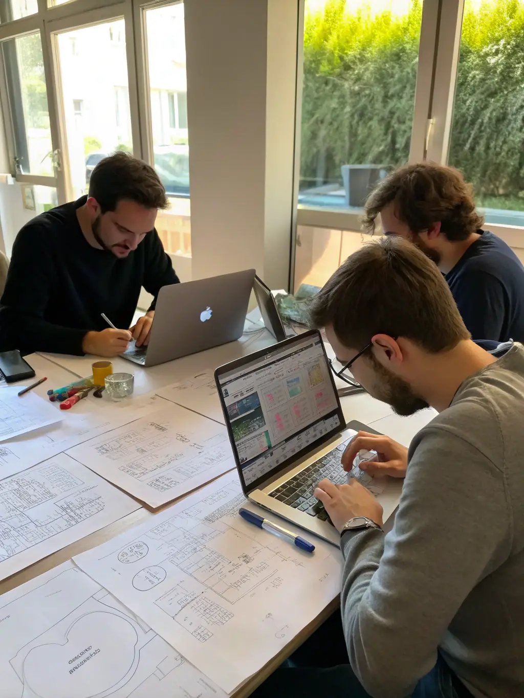 A mobile app development team designing an engaging mobile app interface, showcasing their skills in Android and iOS development for Omegacube clients.