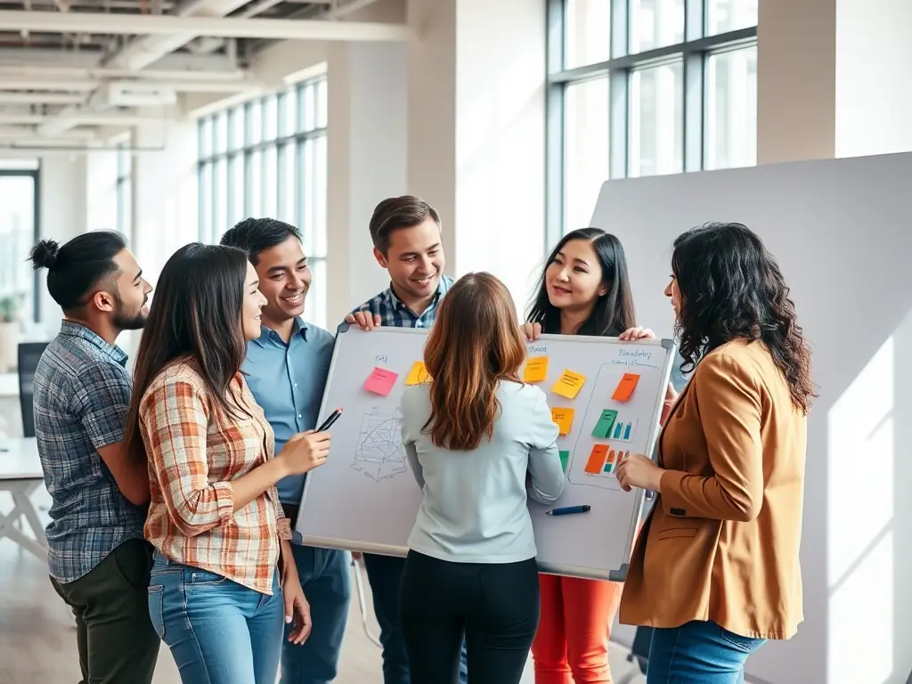 A professional team collaborating in a modern office setting, brainstorming and developing a digital marketing strategy on a large interactive whiteboard, showcasing data analytics and market trends.