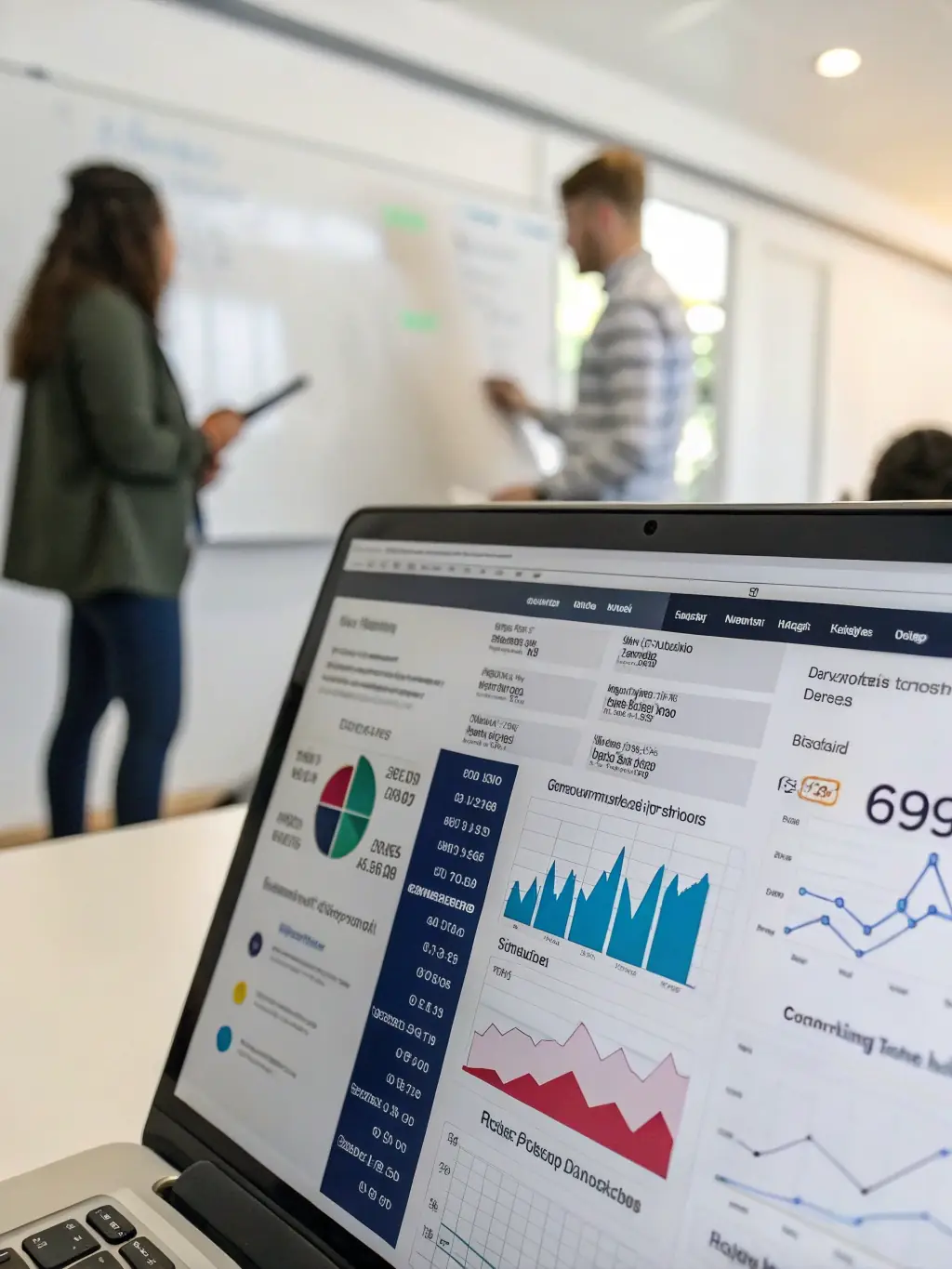 A laptop screen showcasing an AI-powered PPC campaign optimization tool, with algorithms adjusting bids and targeting based on real-time performance data. The interface highlights cost savings and conversion improvements.
