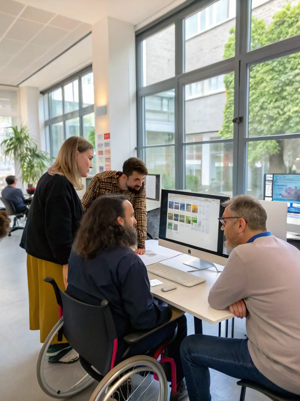 A diverse group of people using various assistive technologies to access a website on different devices, illustrating the importance of ADA compliance.
