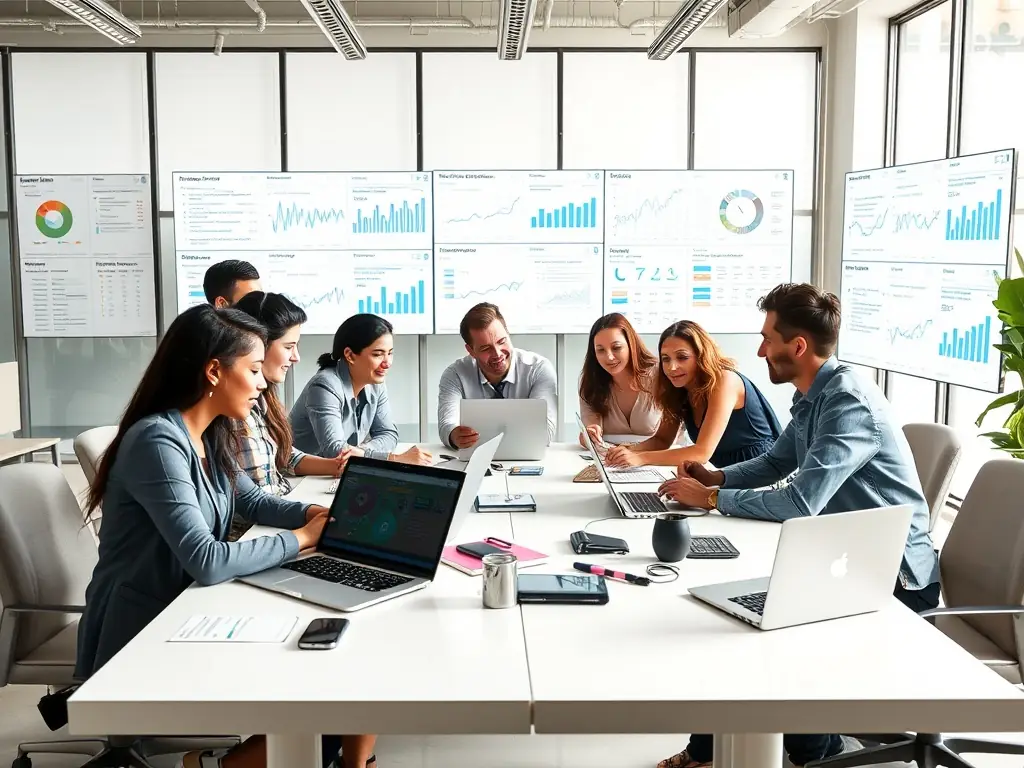 A vibrant image showcasing a diverse group of people collaborating around a table, brainstorming content ideas with laptops and tablets displaying various marketing analytics dashboards, set in a modern, open-plan office environment.