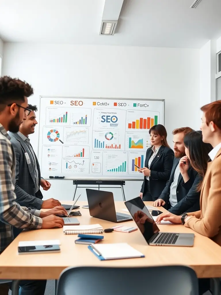 A professional photograph of a team brainstorming SEO strategies around a whiteboard filled with data charts and keywords, symbolizing Omegacube's data-driven approach to SEO.