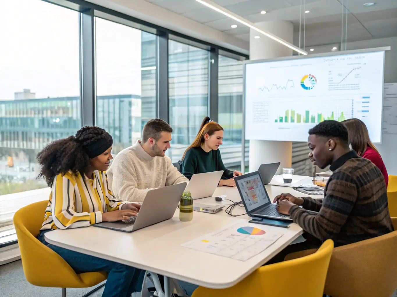 A team of data scientists collaborating around a table, discussing insights derived from data analysis. The atmosphere is collaborative and focused on problem-solving, with laptops and data visualizations visible in the background.