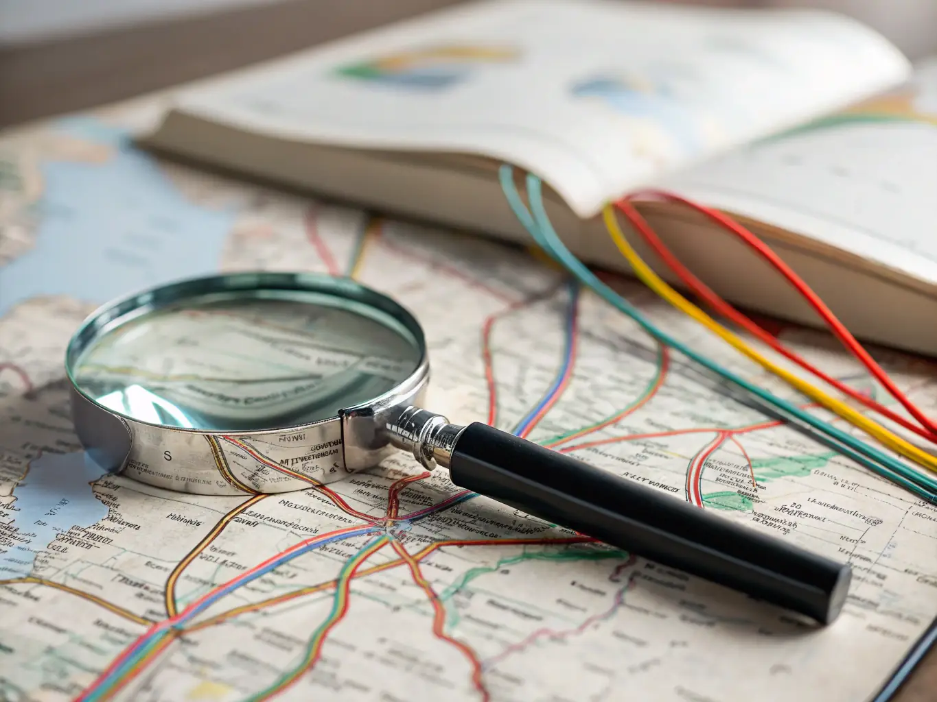 An image of a magnifying glass focusing on a specific geographic location on a map, symbolizing geo-targeted keyword optimization.
