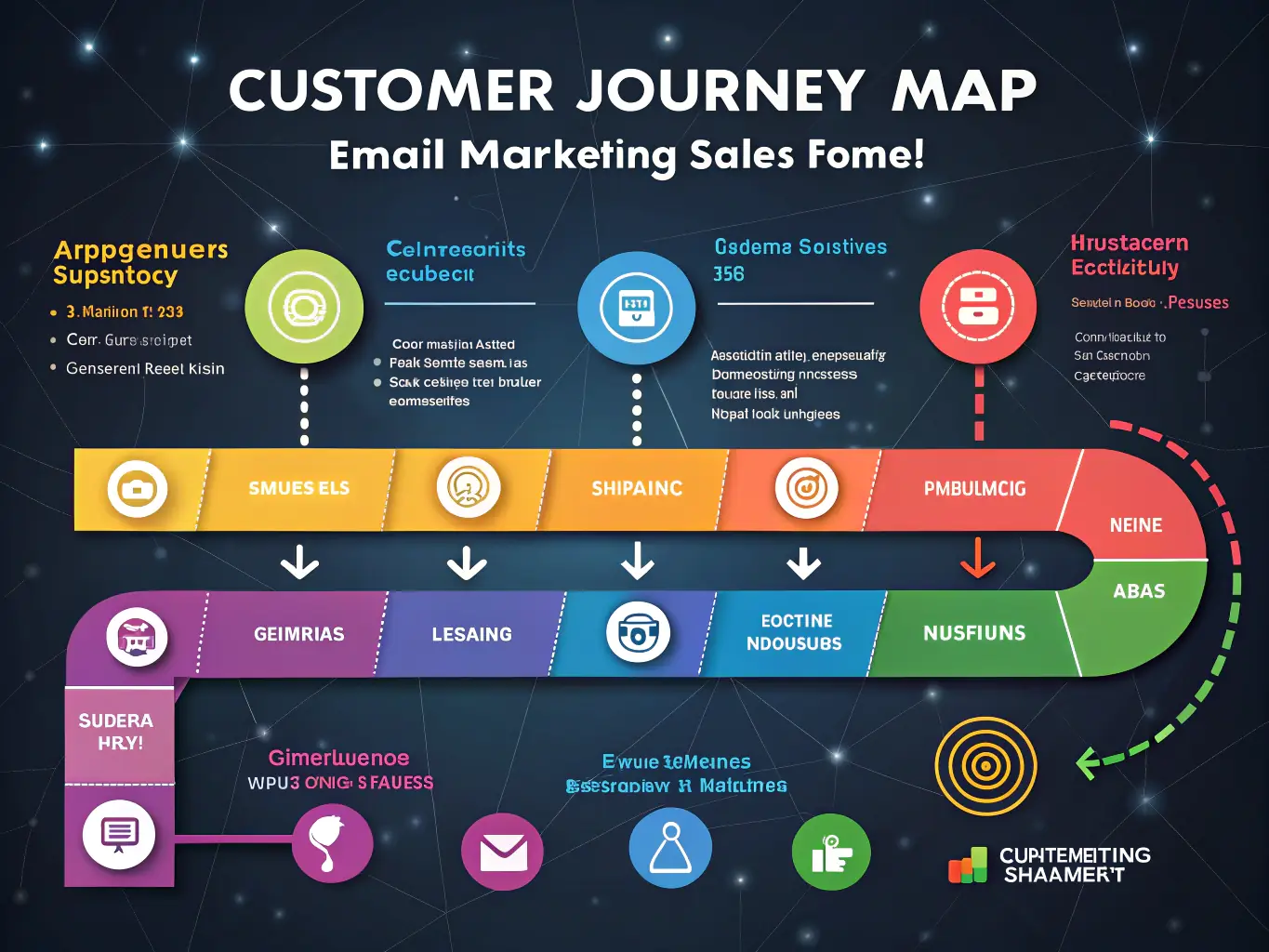 A visual representation of conversion tracking and analytics, showing the customer journey from ad click to purchase.