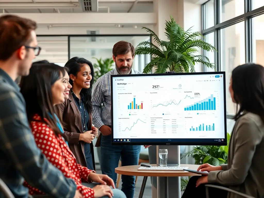 A high-resolution image depicting a team of marketing professionals collaborating in a modern office setting, analyzing data on large screens, with charts showing upward trends, symbolizing growth and strategic planning for enterprise clients.