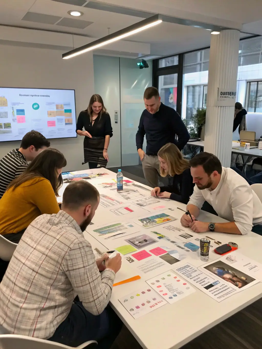 A professional team of digital marketers brainstorming around a table, analyzing market data on a large screen, representing the initial market research phase of strategy development for Omegacube.