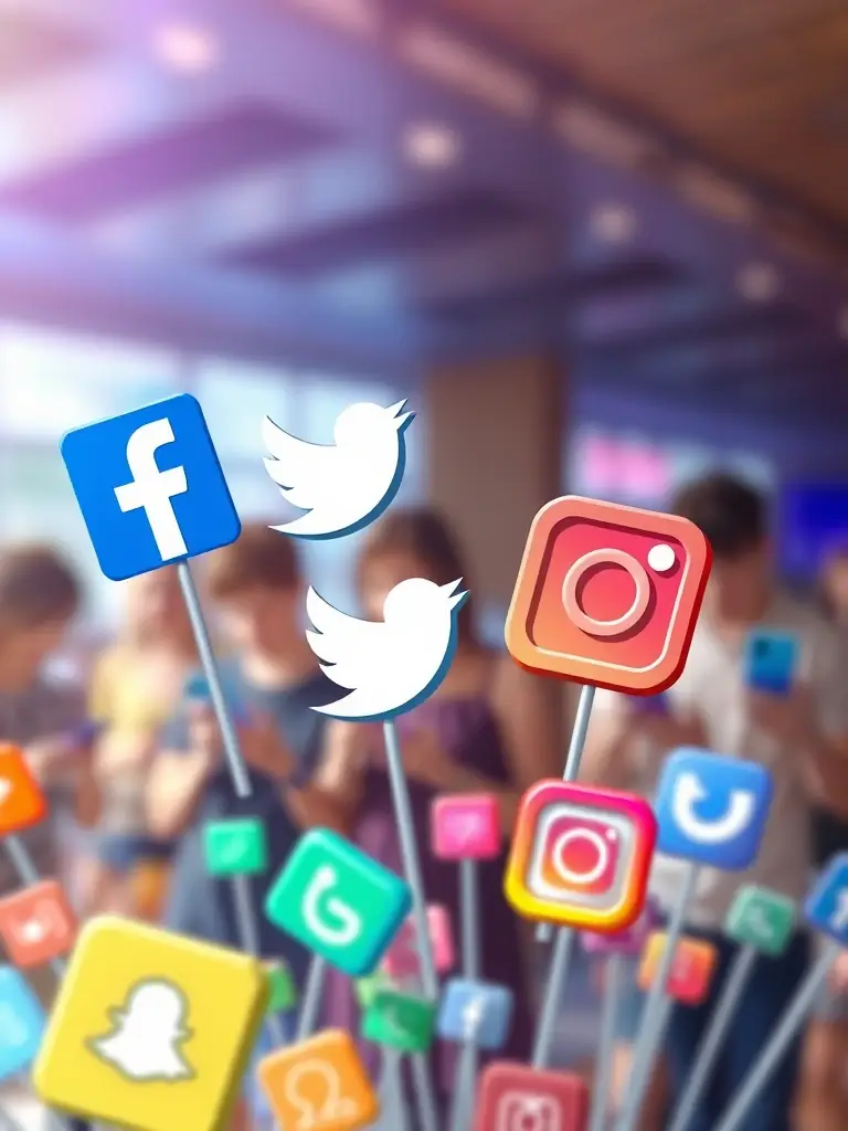 A creative and vibrant image representing social media engagement, with icons of various social platforms and user interactions.