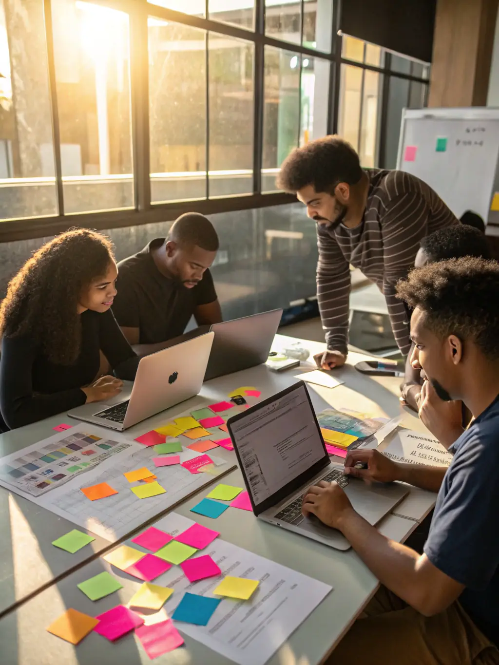 A software development team collaborating on a complex digital marketing platform, showcasing their expertise in web and mobile technologies for Omegacube.