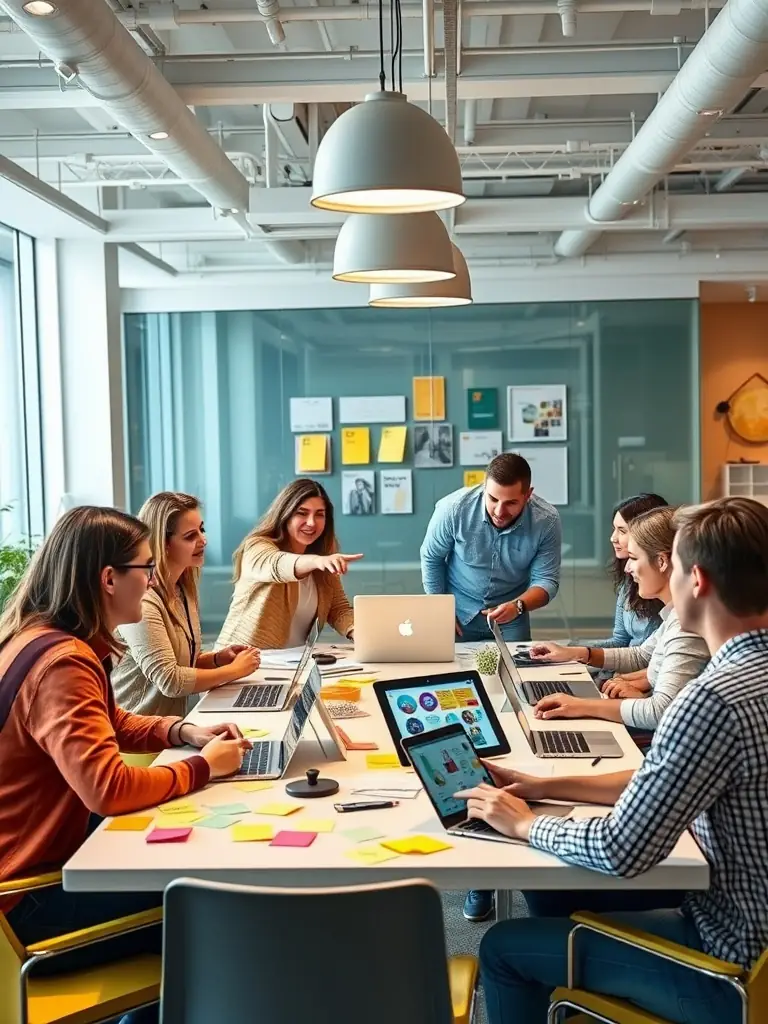 A high-quality photo of a diverse team of digital marketers collaborating in a modern office setting, brainstorming strategies for a franchise client.