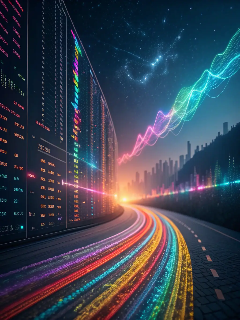 An abstract image representing AI algorithms efficiently generating content, with multiple streams of data flowing into unique location pages, symbolizing scalability and automation.