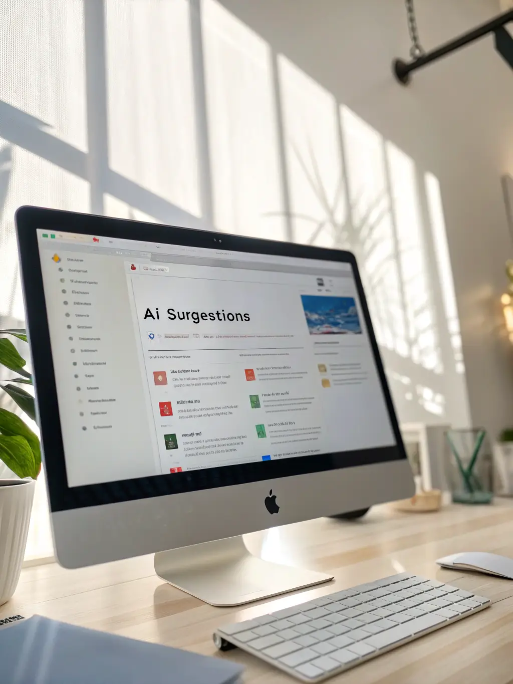 A desktop computer displaying an AI-powered content creation platform, generating blog posts and marketing copy based on user input and keyword analysis. The interface includes tools for editing and publishing content.