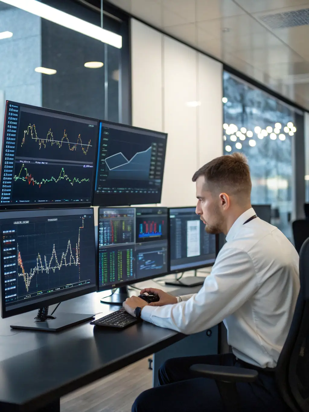 A professional image depicting financial analysts reviewing risk management reports and fraud detection alerts, powered by Omegacube's data analytics solutions.