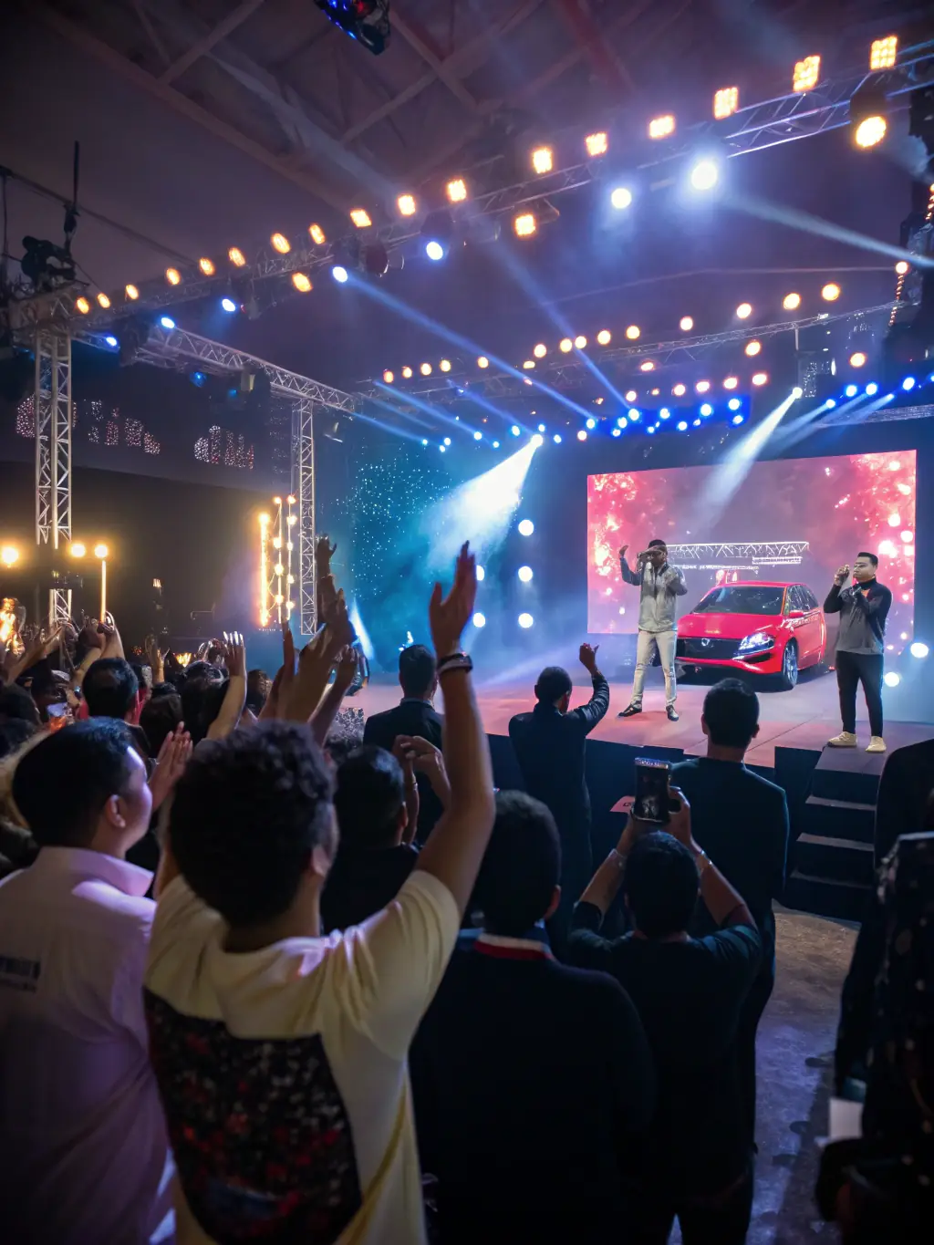 A dynamic image of a product launch event, with a countdown timer and promotional banners, illustrating the excitement and strategic planning involved in a successful product launch with Omegacube.