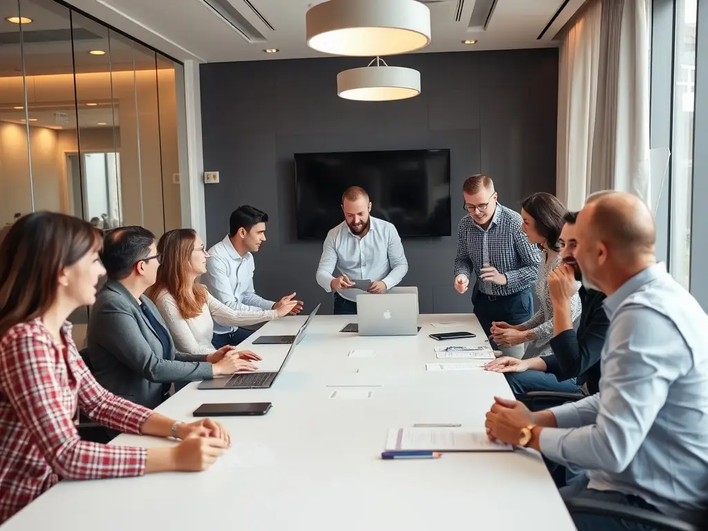 A diverse group of franchisees collaborating around a table, reviewing marketing performance reports and discussing strategies, highlighting the collaborative nature of the PPC service.