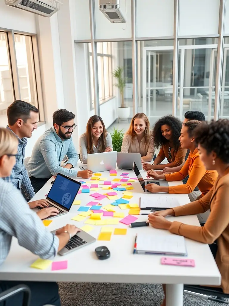 A diverse team of content creators collaborating on a content marketing strategy, brainstorming ideas, and developing innovative approaches.