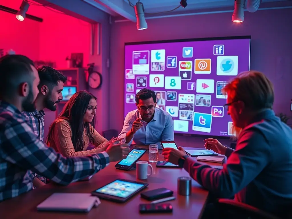 A vibrant image showcasing a team collaborating on social media content creation, with various social media logos subtly displayed in the background.
